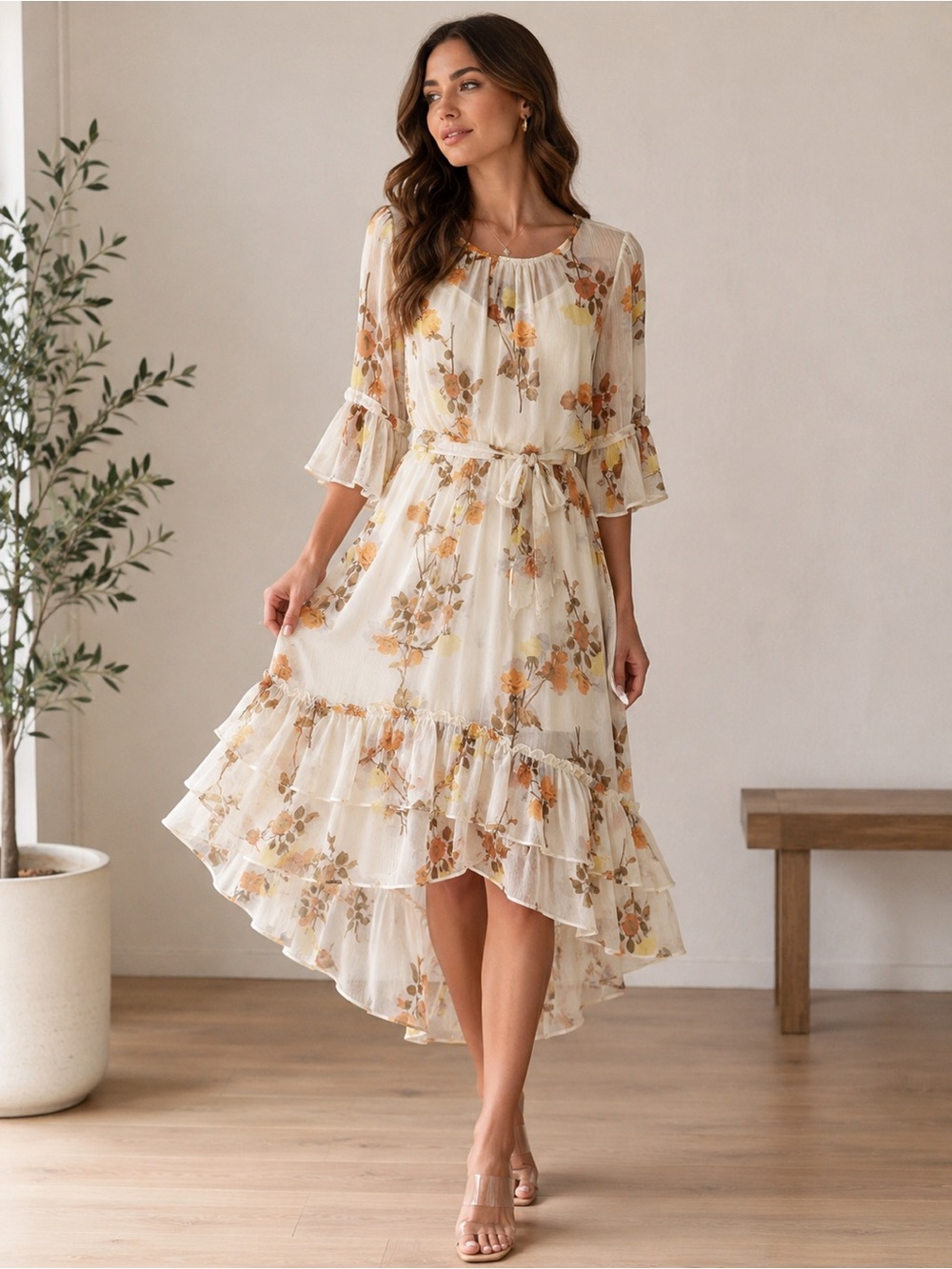 Calvin Klein Women's Ivory Floral Chiffon Midi Dress Size 8